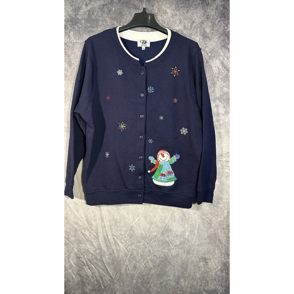 C&k Design Women's Xmas Snowman Button Up Sweater Blue Size Large Snowflakes - Picture 1 of 11